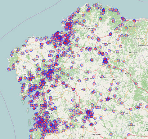 Mapa con campos de fútbol de Galicia